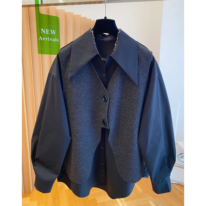 深圳南油高端欧货黑色马甲衬衫两件套上衣女秋2025新款高级感衬衣