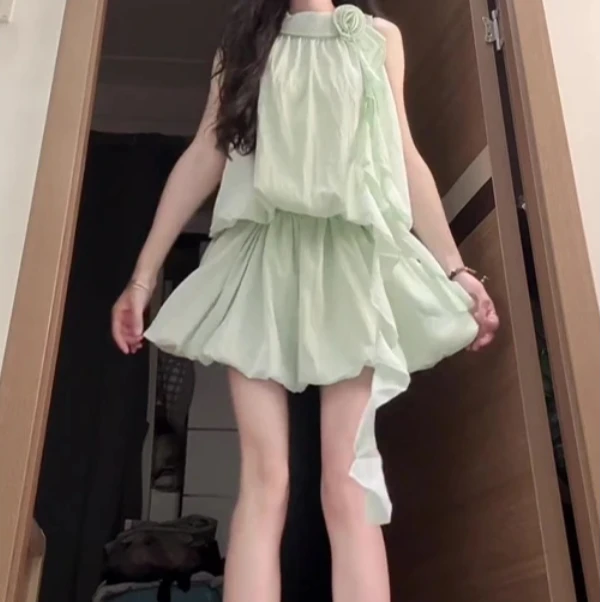 2025夏季新款女法式气质花朵荷叶边无袖上衣高腰显瘦花苞半身裙