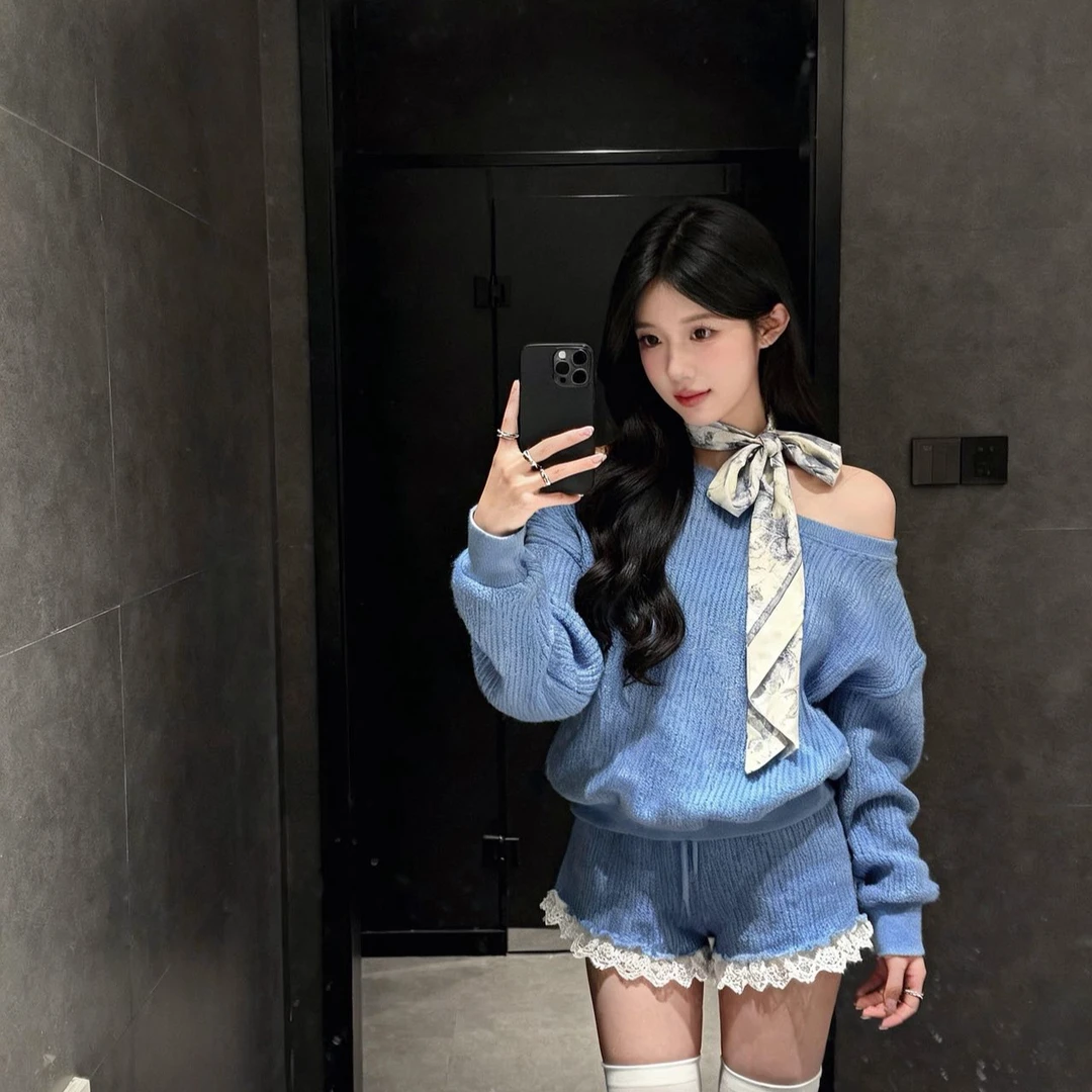 法式一字肩长袖针织衫毛衣秋冬百搭上衣蕾丝花边短裤热裤靴裤套装