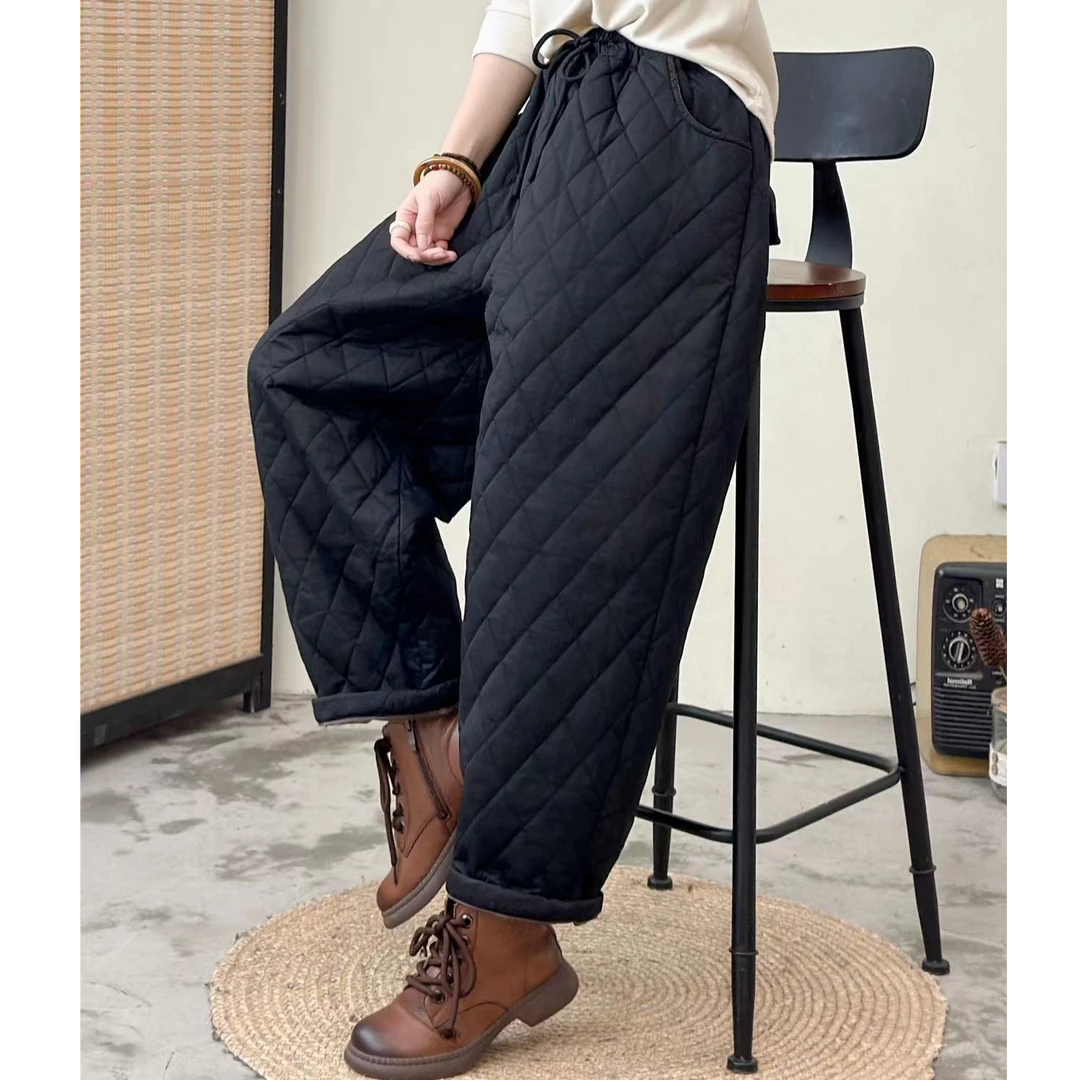 【悦兮】冬季新款文艺百搭松紧腰夹棉休闲裤宽松菱格时尚女棉裤1367