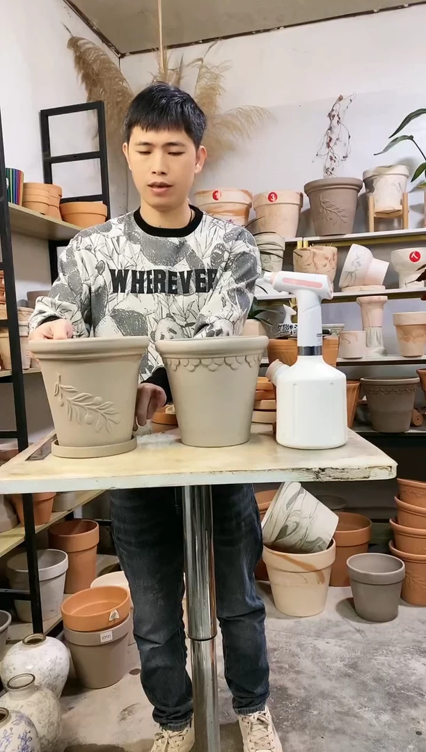 【闪购商品】红陶20*19灰陶橄榄枝+巴洛克 2盆2托