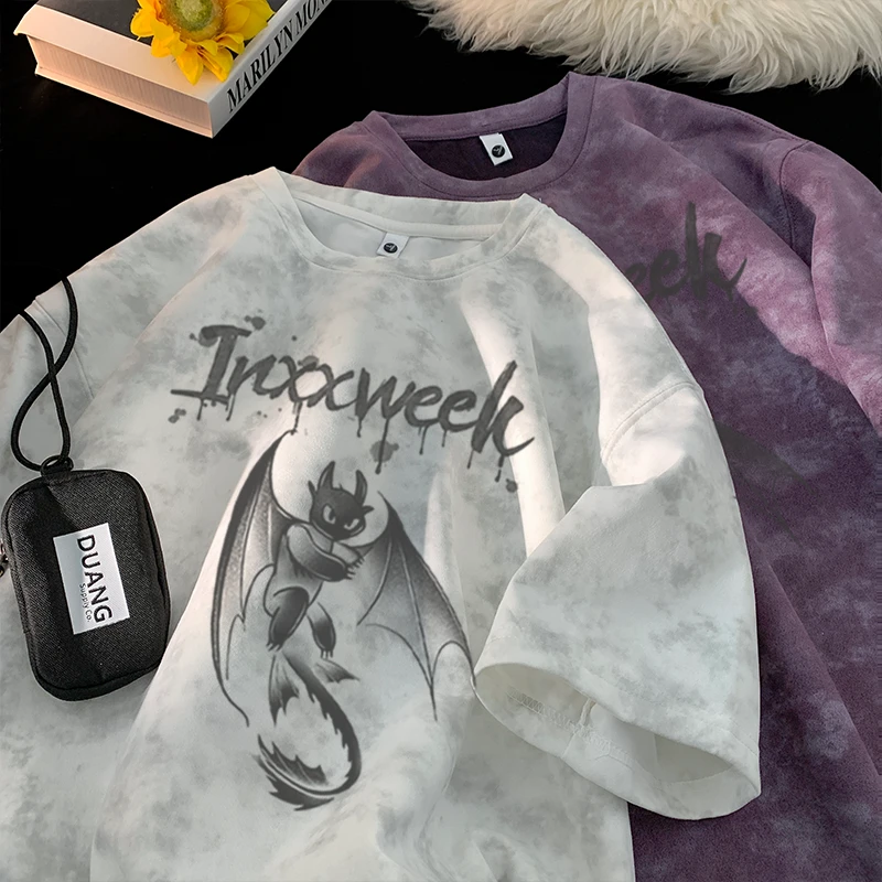 重磅扎染短袖T恤男款夏季美式潮牌高街无牙仔半袖青少年印花体恤