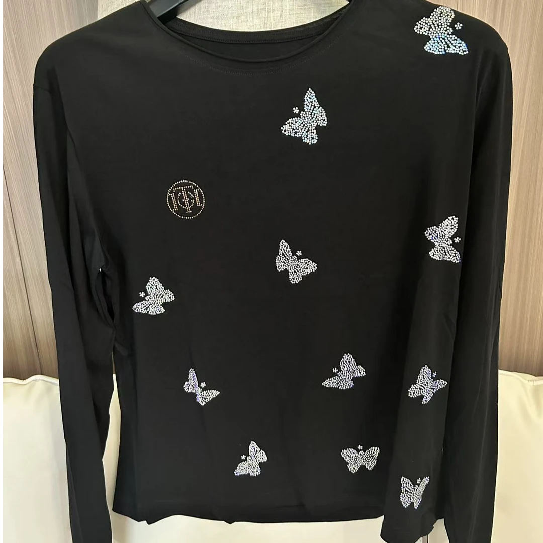 山东TCH-新款中式长袖T恤女插肩时尚个性蝴蝶烫钻上衣T72B08E705