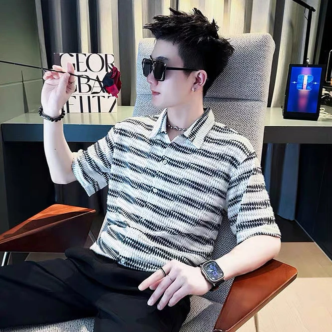 条纹衬衫男士夏季2025新款网红痞帅潮牌男装寸衫百搭夏天短袖衬衣