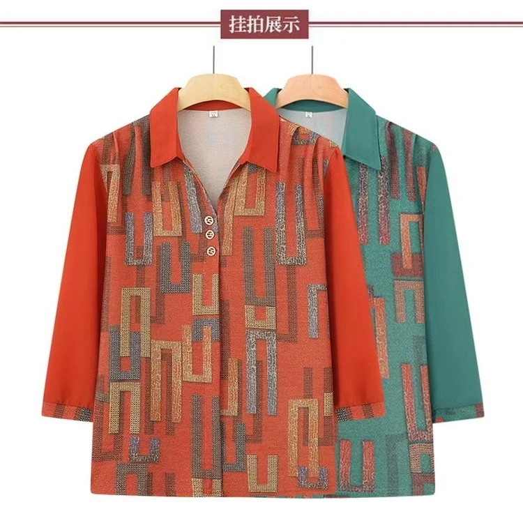 薄款常规中老年女装套装老人薄款衬衫大码休闲中年印花夏季妈妈装