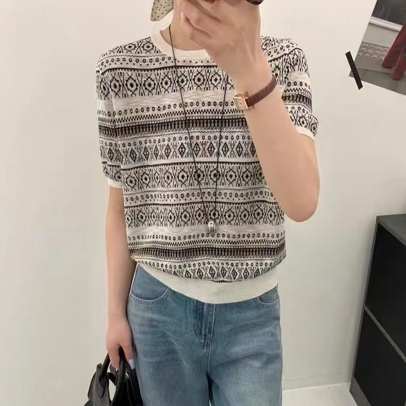 费尔岛复古撞色针织短袖圆领小众T恤时尚气质百搭薄款针织衫女夏