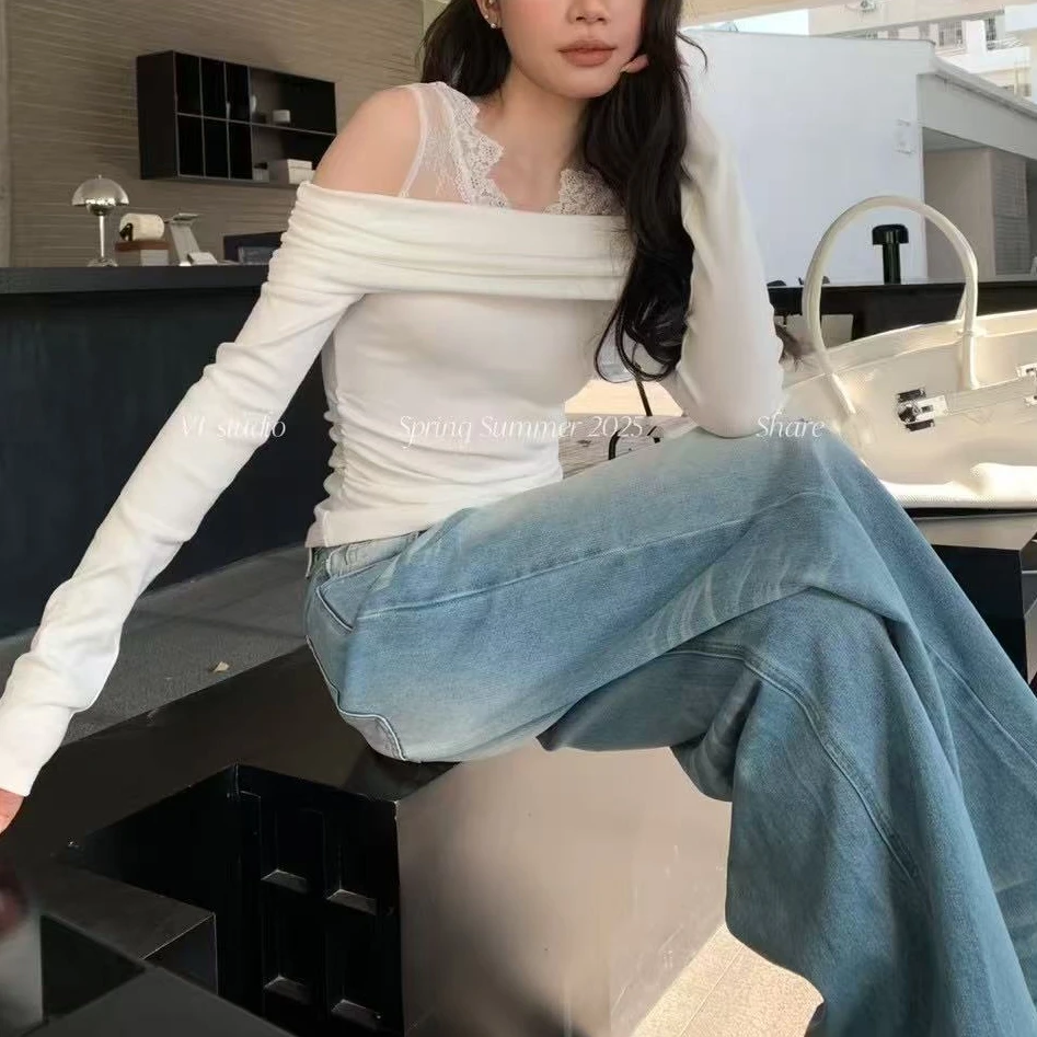 喜糖（6100#）气质蕾丝拼接一字肩上衣kc