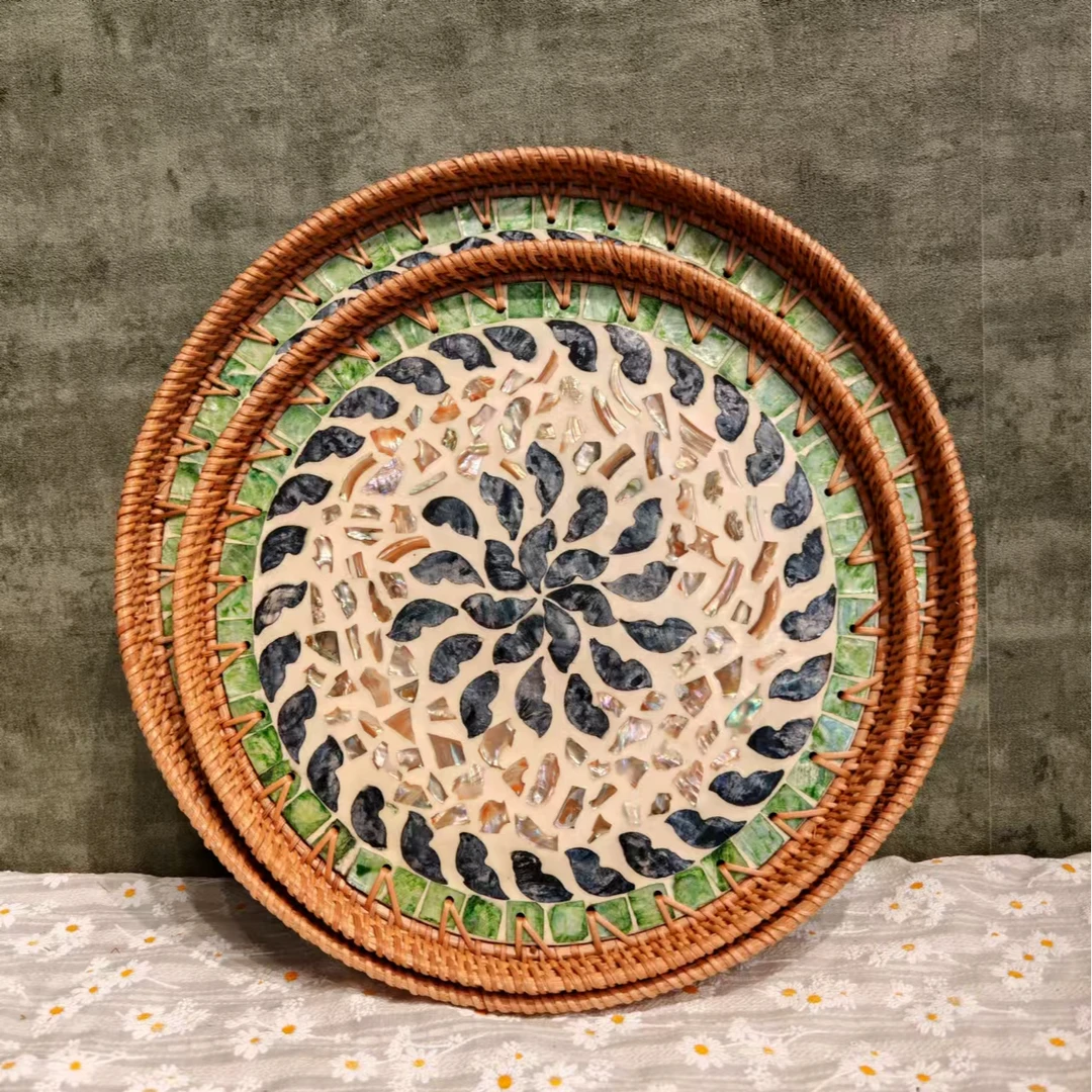 H越南植物真藤手工编织35*3繁星圆形贝壳盘水果茶杯托盘两件套