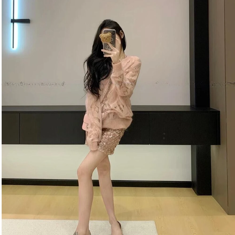 INS风时尚时尚套装休闲风气质显瘦辣妹性感镂空针织上衣长袖半裙