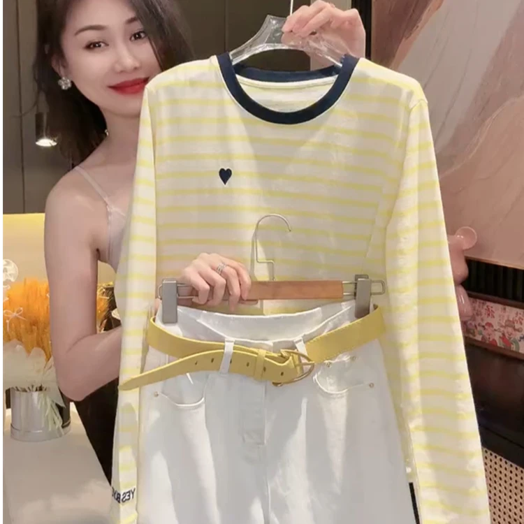 夏季薄款套头长袖防晒T恤女宽松显瘦洋气黄色条纹微透小衫上衣