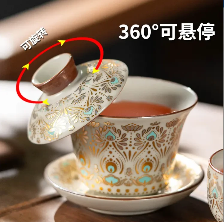 高端掐丝工艺悬停三才盖碗白瓷可悬停旋转大容量带盖泡茶碗单个