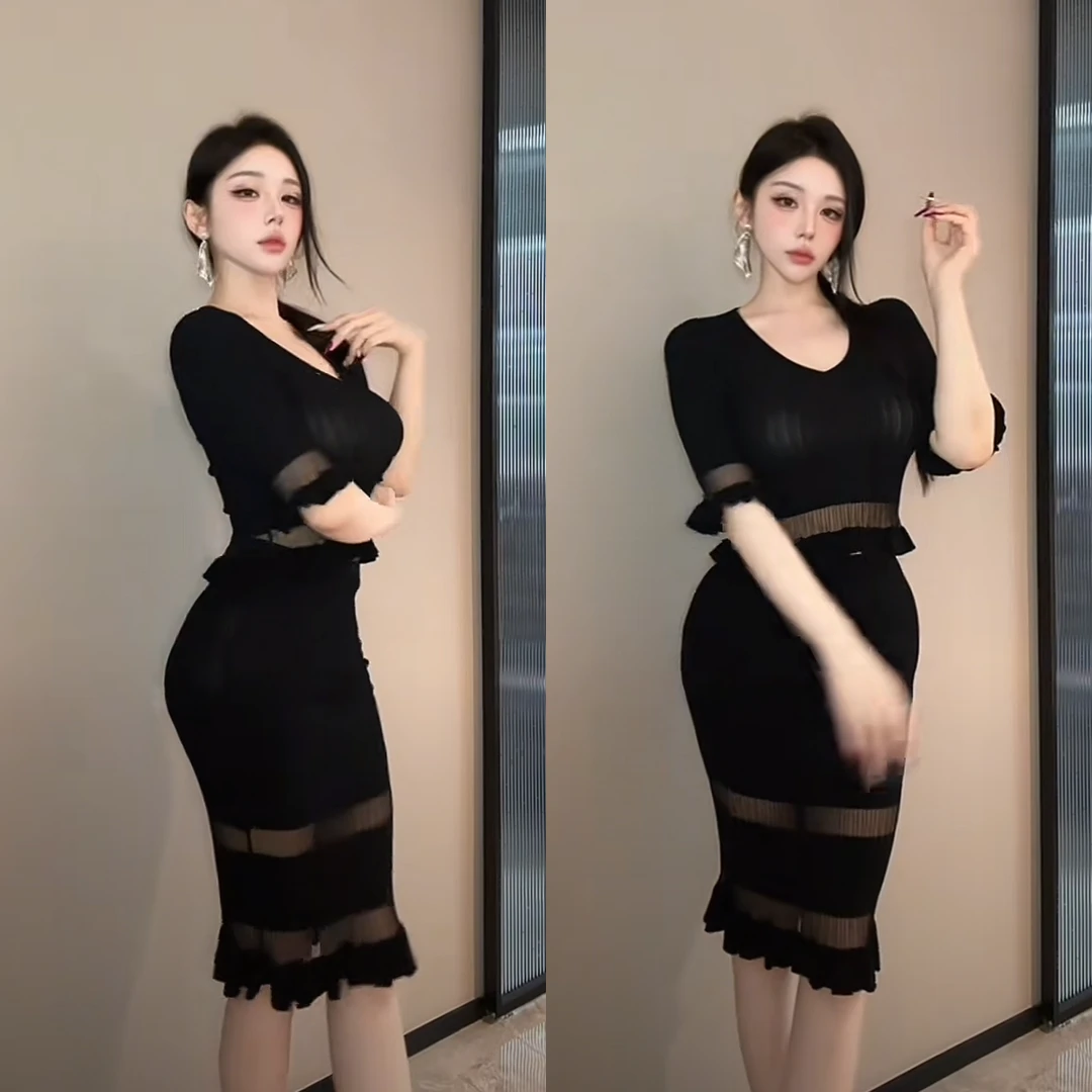 黑色性感木耳边修身显瘦针织半袖上衣+包臀半裙时尚气质套装女