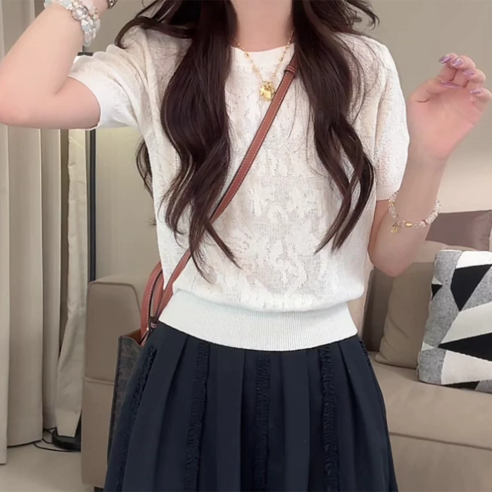 法式气质镂空圆领针织衫夏季轻奢百搭短袖上衣C5734