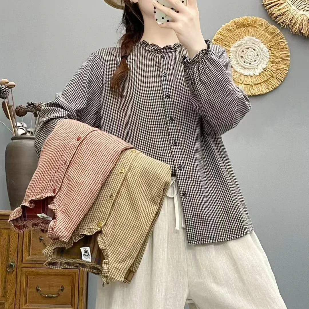 纯棉女士双层纱拼接木耳边秋季格纹长袖常规衬衫外套春季衬衣韩版