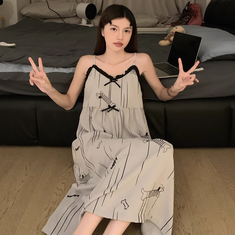 吊带睡裙女夏季薄款带胸垫公主风法式卡通腊肠过膝睡衣无袖家居服