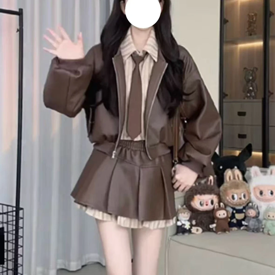 秋冬季设计感衬衫拼接皮衣外套显瘦半身裙三件套