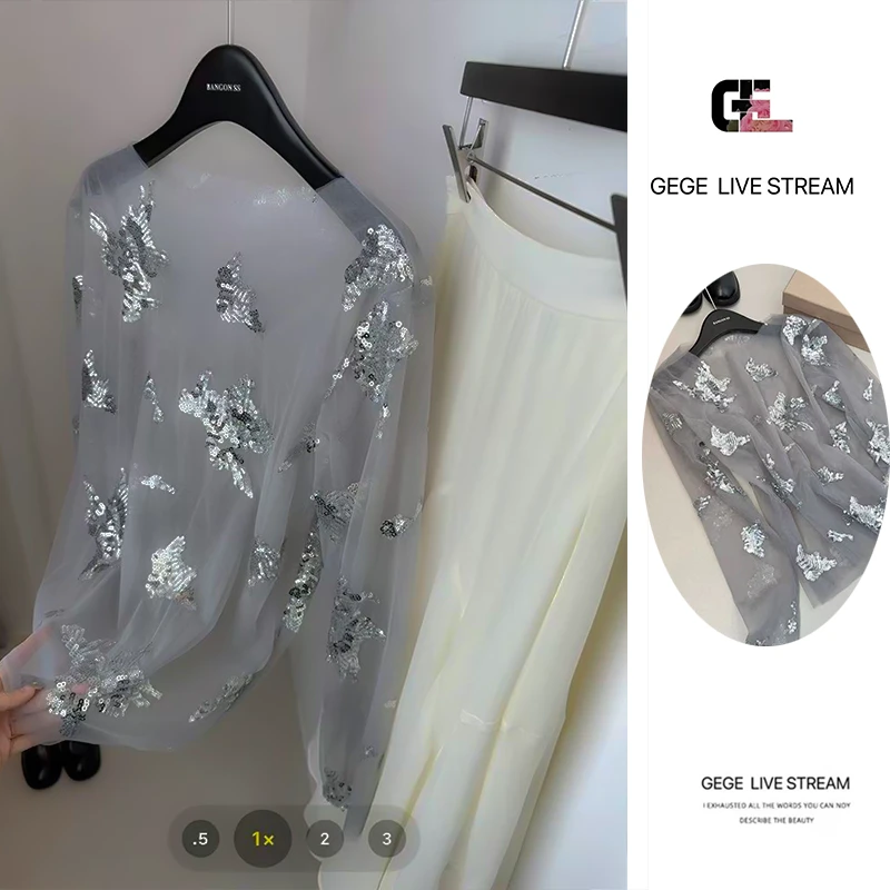 【深海蓝钻】 设计感重工亮片夏季上衣女高级感别致亮闪闪T恤蕾丝衫