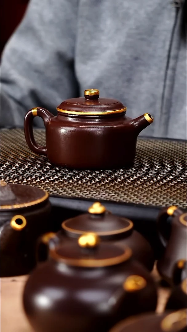 茶壶紫砂四号井茄皮紫泥描金薄胎德钟160cc