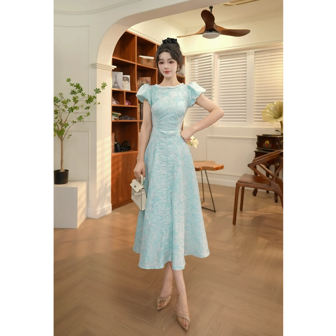 【JANE·简】夏季质黑色修身显高显白法式收腰泡泡袖连衣裙45148