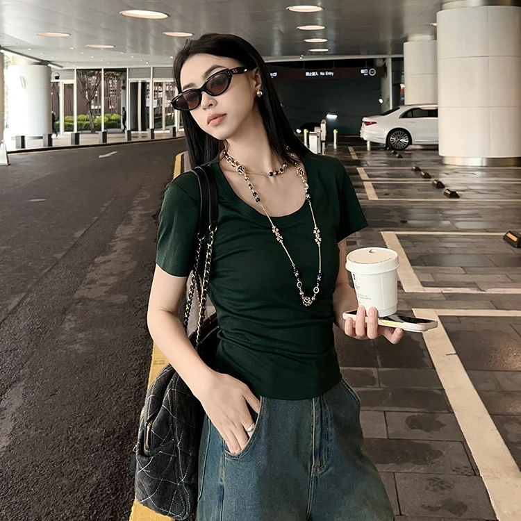 美洋MEIYANG 丝麻T恤 基础简约圆领百搭正肩短袖上衣U夏季