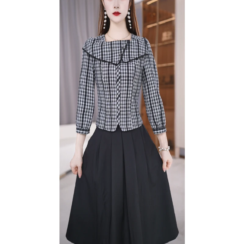 【上下套装】新款设计感方领格纹拼接气质通勤收腰两件套M-4XL