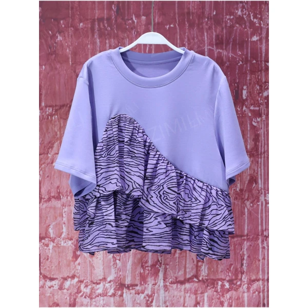 【韩哥女装】牵牛紫拼接斑马纹印花网纱时尚休闲短袖T恤衫9531