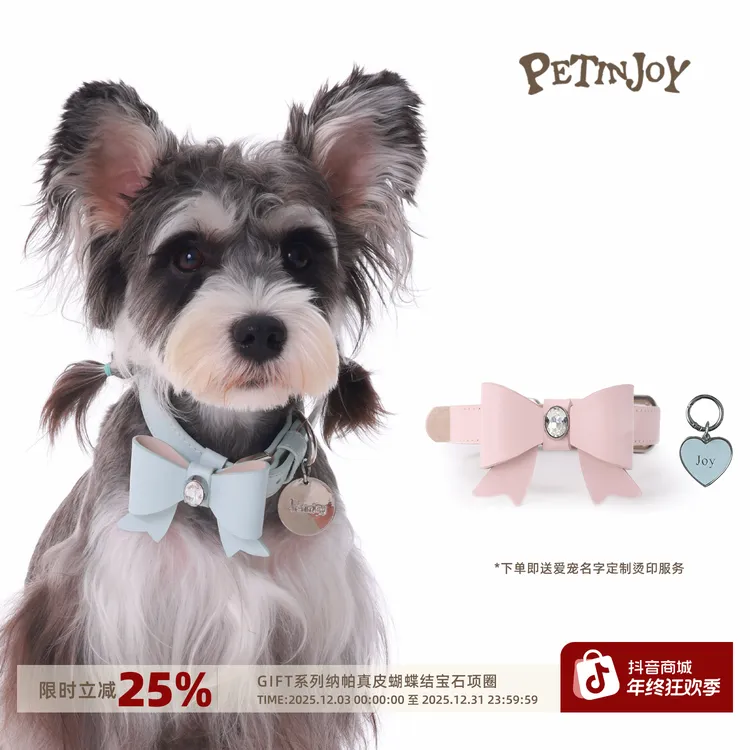 宠享趣Petinjoy GIFT系列纳帕真皮蝴蝶结宝石项圈中小型犬猫通用