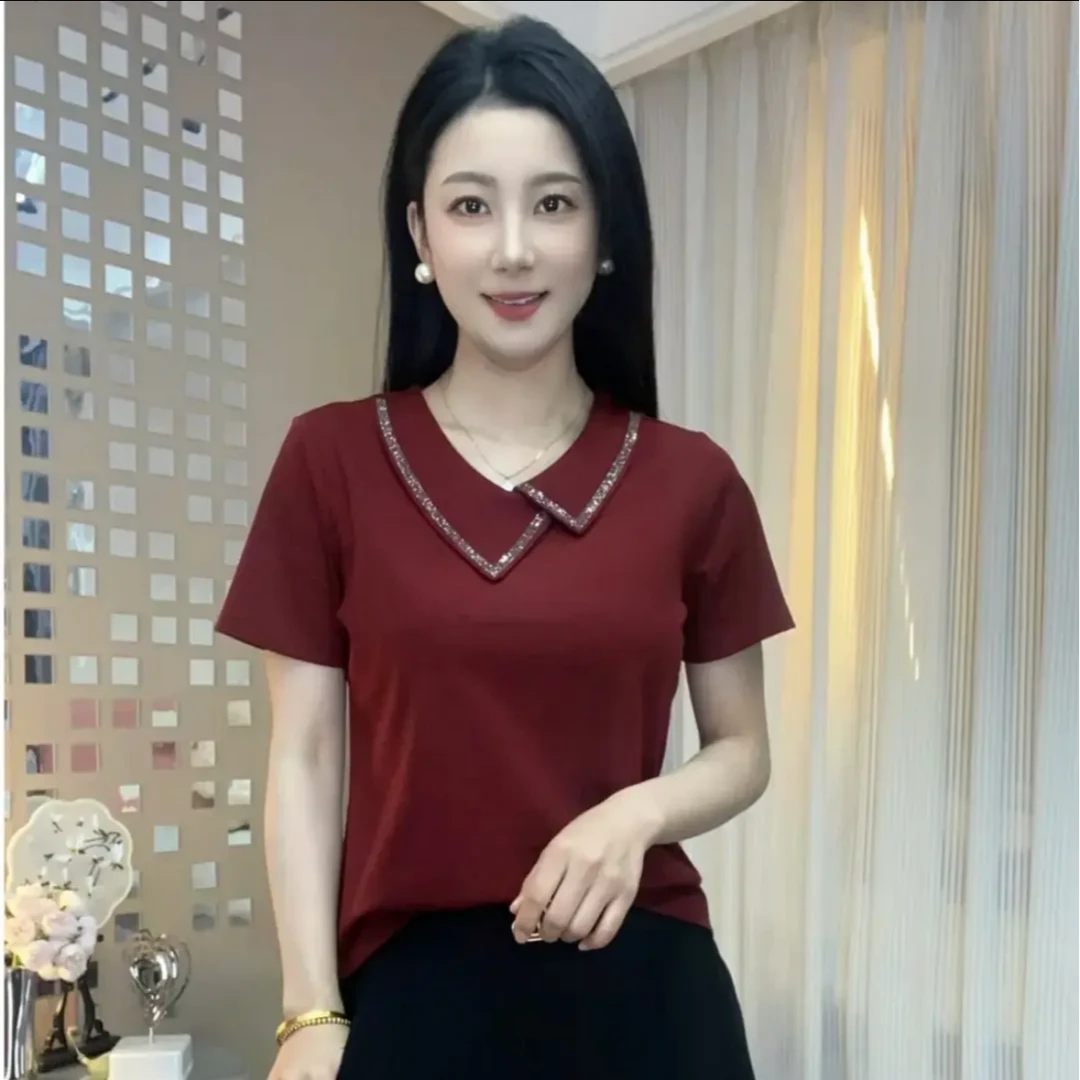 2025新款不规则领纯色领口烫钻气质精品洋气时尚减龄显瘦短袖小衫