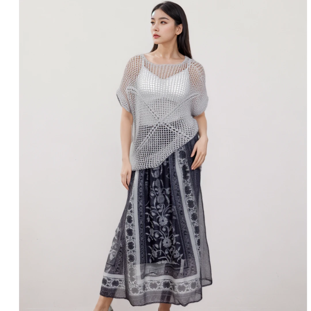 夏季时尚灰色系列百搭气质女高腰半身裙加上百搭复古镂空针针织衫
