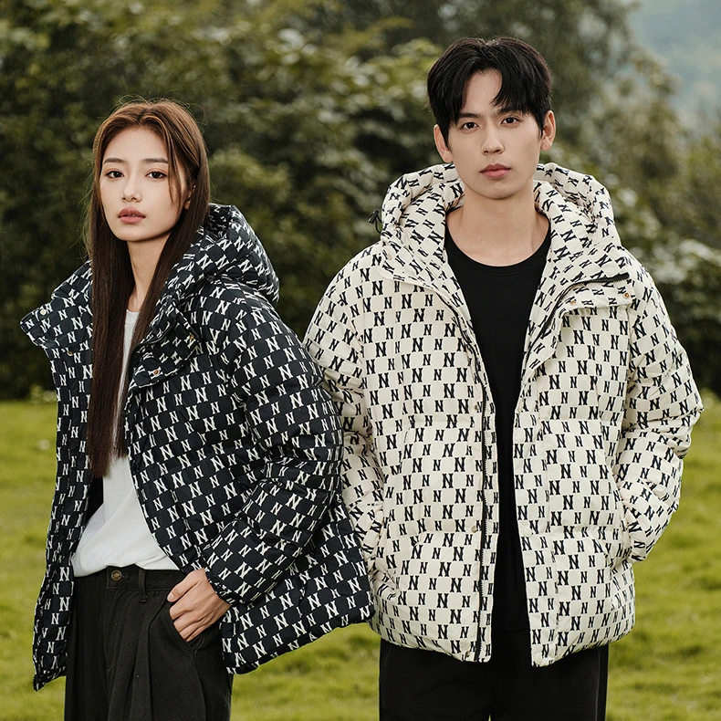 美式潮牌秋冬老花连帽保暖羽绒服时尚加厚冬季拉链短款加绒外套