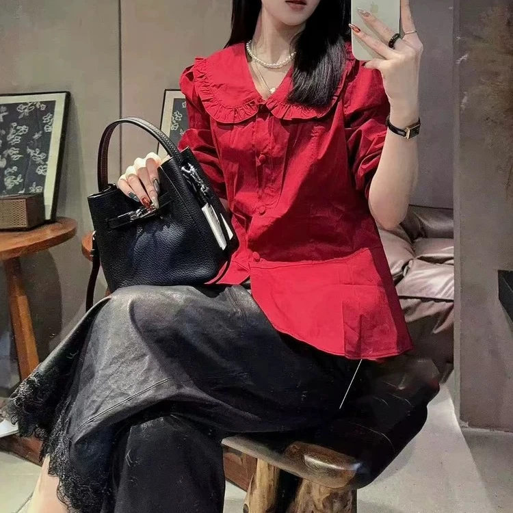 荷叶边洋气收腰显瘦长袖衬衫百搭T恤