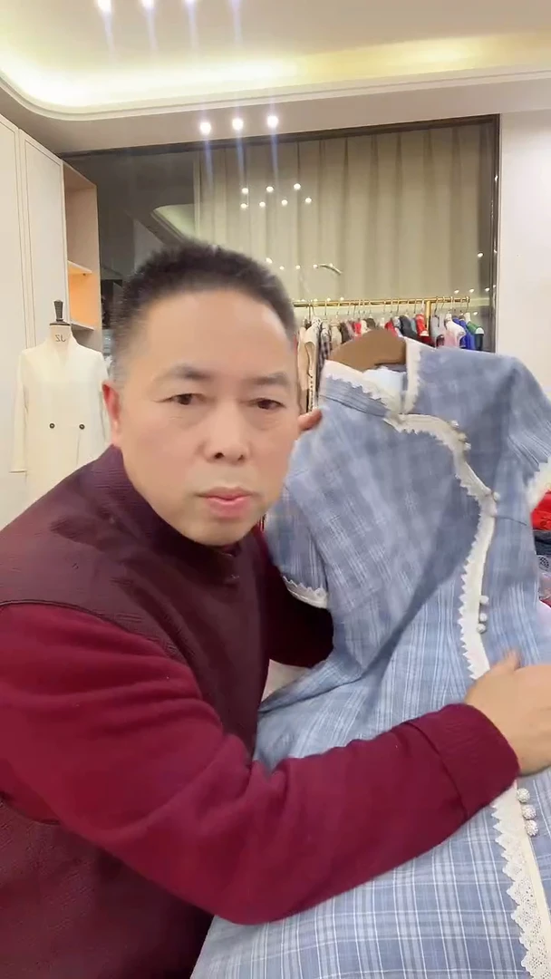 小清新蓝色格子旗袍L码