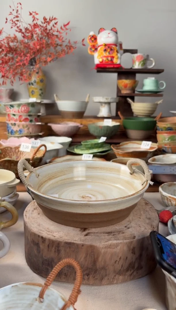 陶瓷046-粗陶双耳麻绳碗