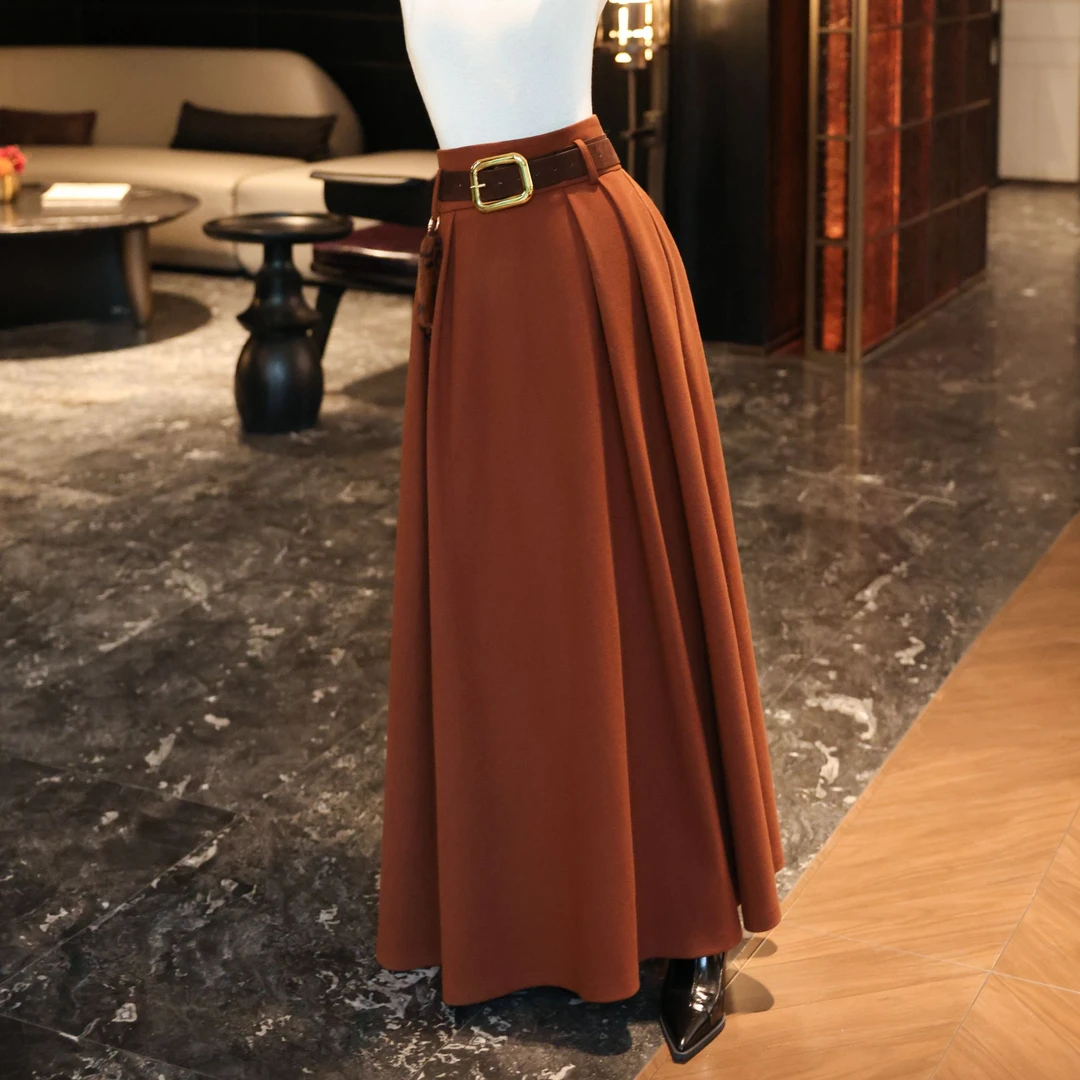 MD进进原创【焦糖暖冬】2025秋冬气质A字裙时尚百搭棕色显瘦半身裙