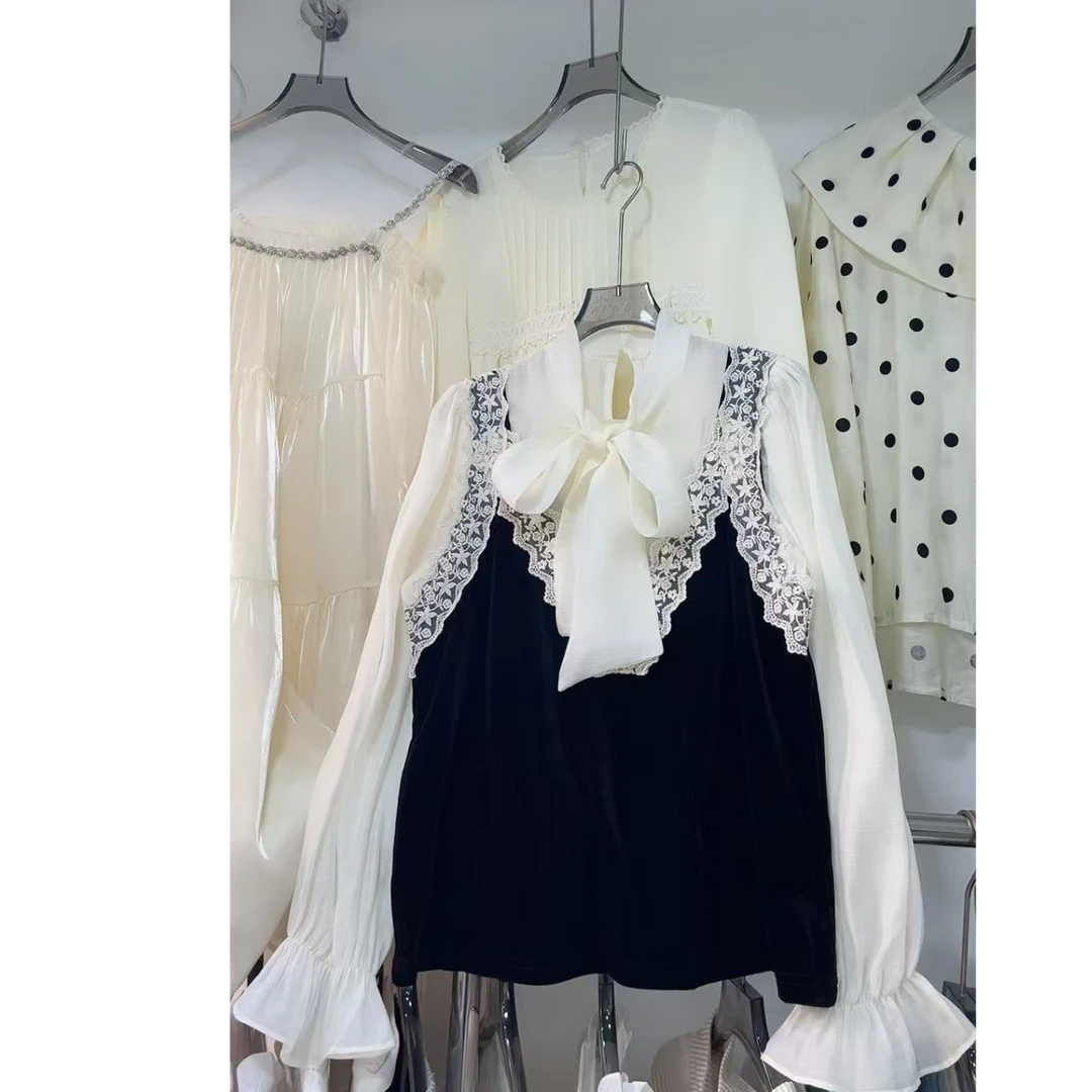 玲玲服饰【20787金丝绒拼蕾丝上衣】