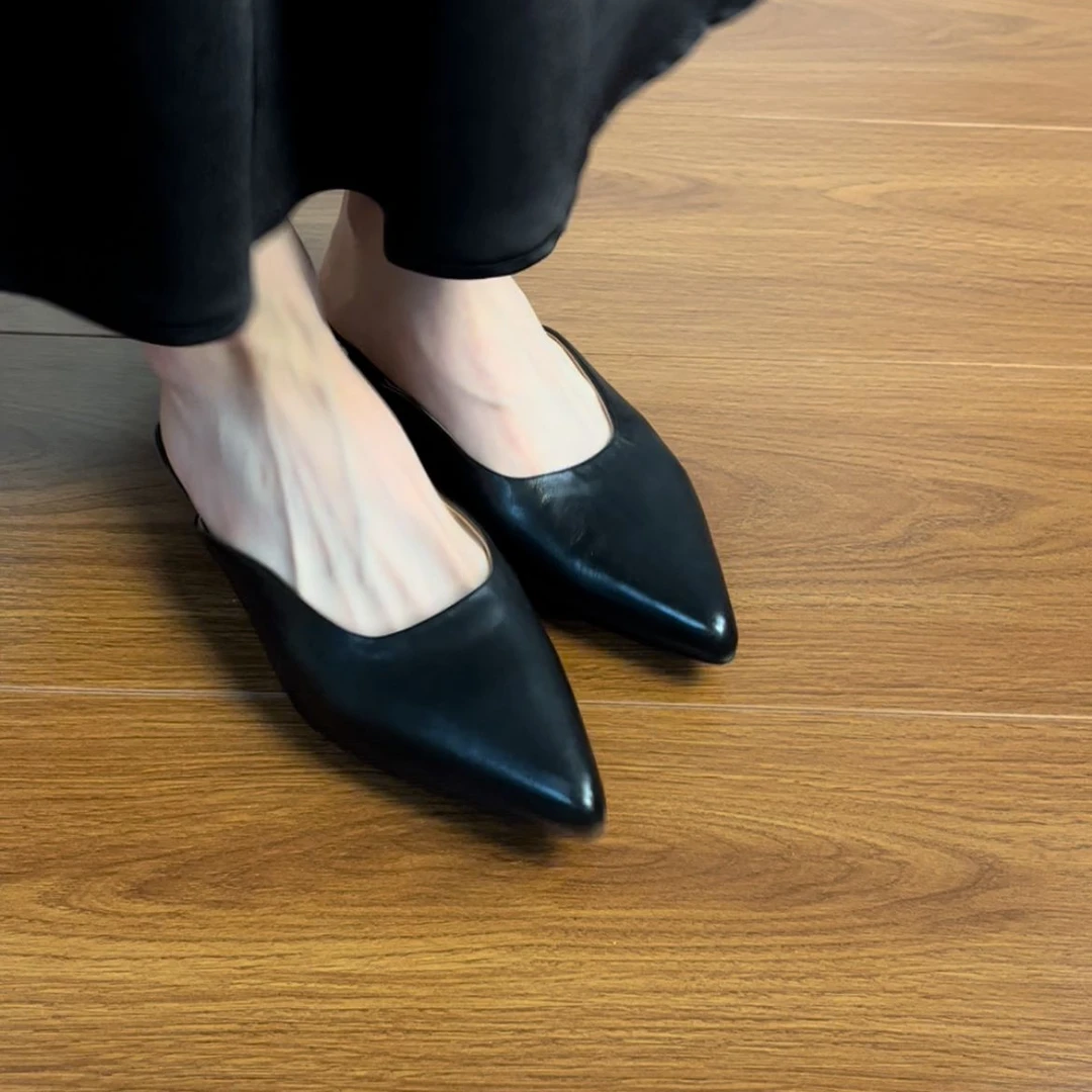 2.5CM头层水洗牛皮鞋子女款夏天极简包头平底半拖鞋复古高级感鞋