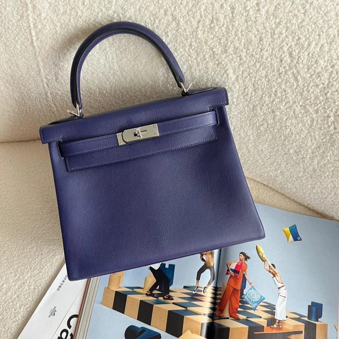 99新 Hermes/爱马仕 小花JerryKelly 28锦葵紫拼水墨蓝Y刻 银扣包