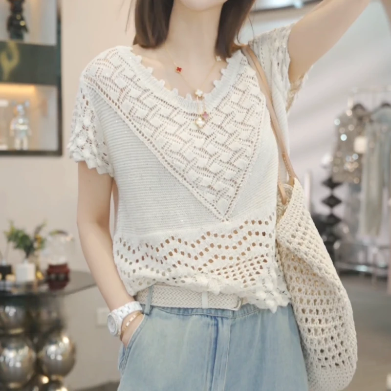 【风吹麦浪】2025春夏新款时尚重工手工镂空针织上衣LK2503109