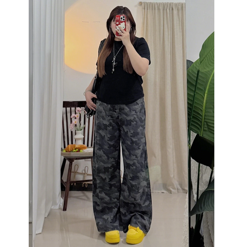 300斤美式迷彩阔腿牛仔裤女夏季裤子大码胖mm宽松显瘦直筒拖地裤