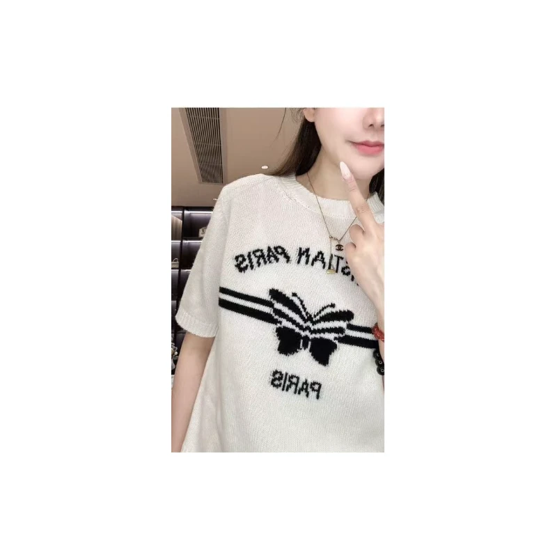 (0037)2025首秀蝴蝶针织女T恤短袖新款E55