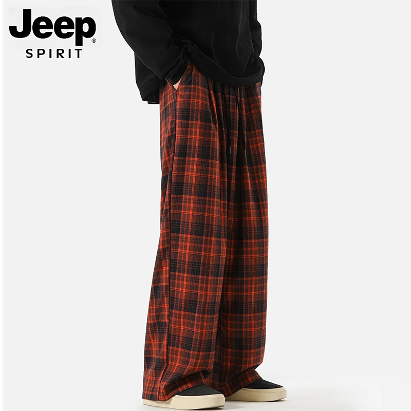JEEPSPIRIT男女日系复古黑红格子休闲裤男秋秋薄款磨毛阔腿裤慵懒