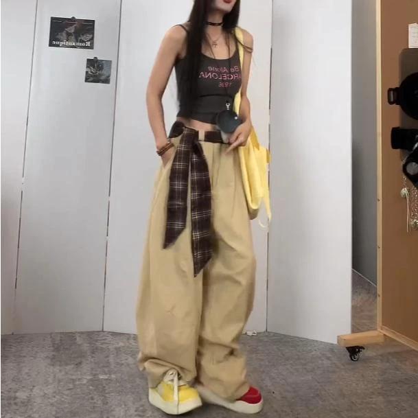 夏季新款女美式复古百搭设计感拼接松弛感宽松阔腿裤弯刀拖地裤