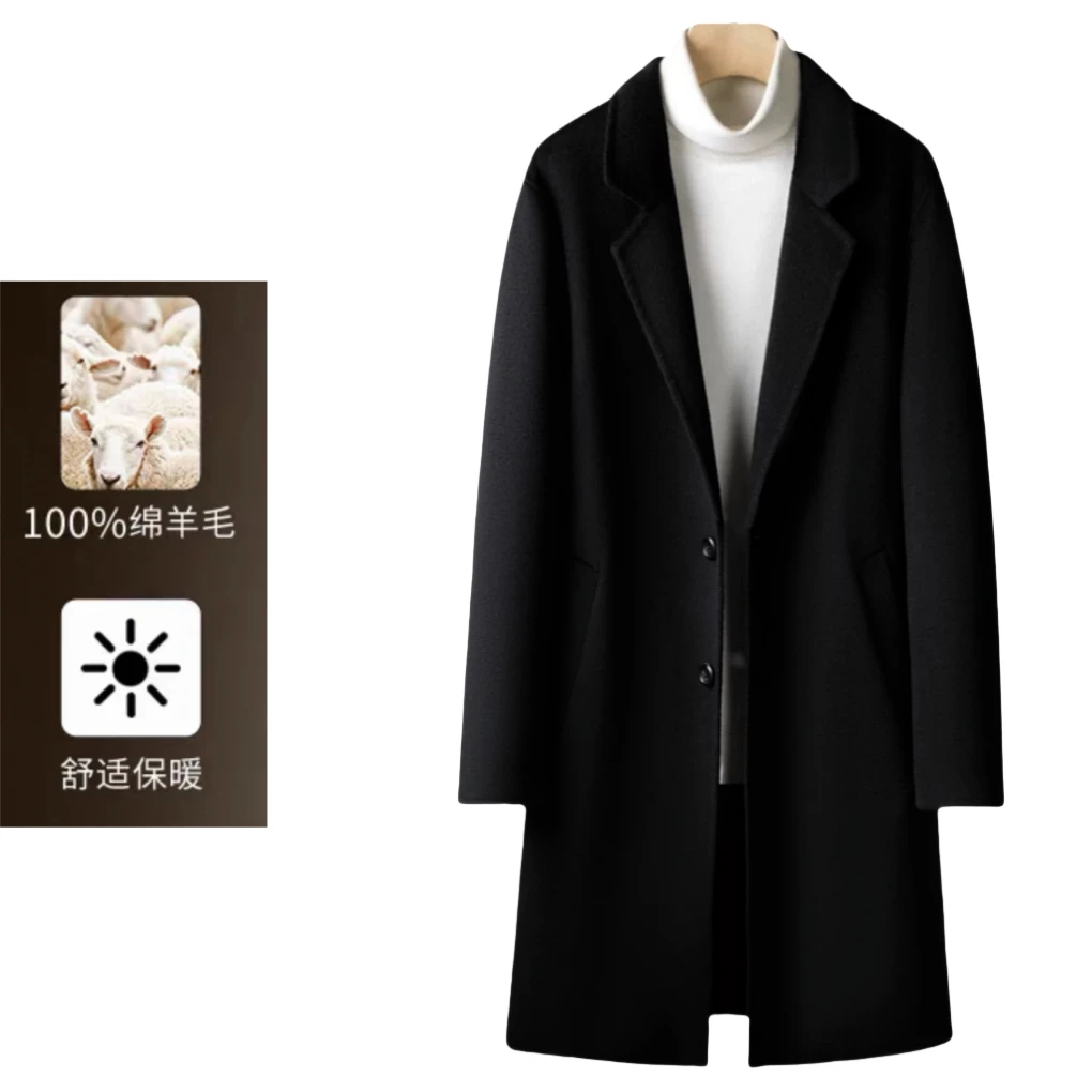 【钱总管羊绒】一米长双面绒羊毛男士秋冬新款单排扣休闲长款毛呢