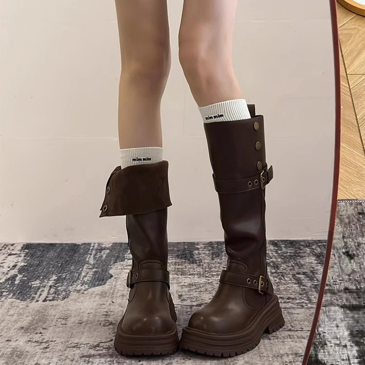 【万达撤柜】复古粗跟厚底加绒长筒靴女2025秋冬新款高筒显瘦骑士靴