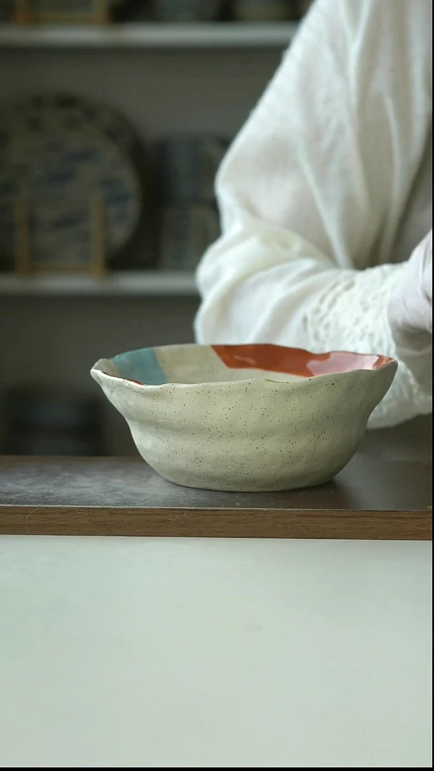 陶瓷有夏若彩粗陶手作沙拉碗/面汤碗16.5cm@7-6@