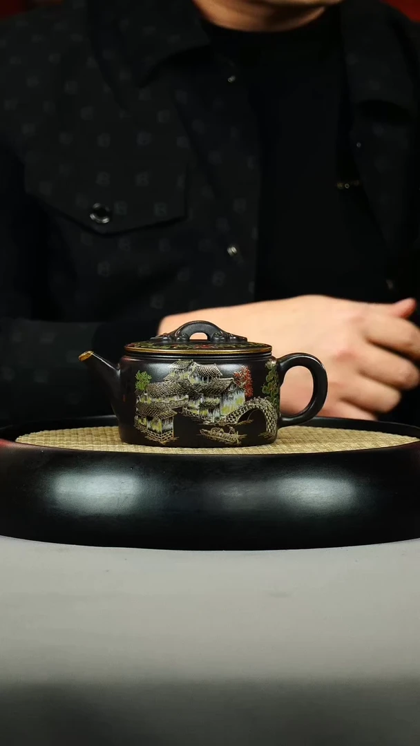 茶壶紫砂石黄 如意汉瓦 珐琅彩 江南水乡