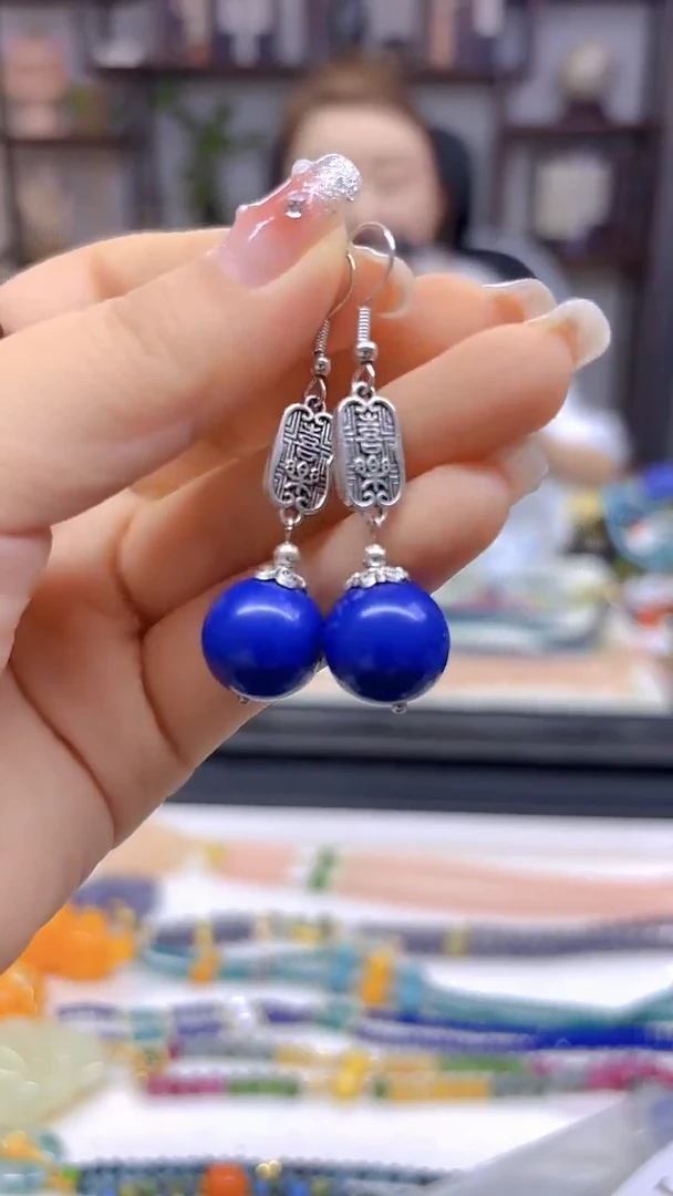 青金石银S925镶嵌耳饰DIY款E288