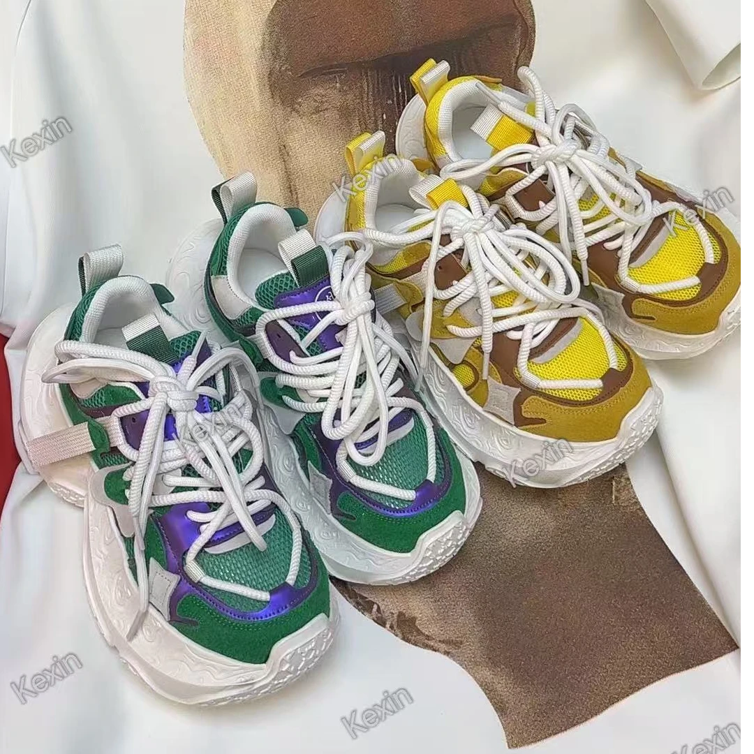 可鑫新款~~【祖母绿】~复古轻奢 手工拼色 增高厚底时尚休闲老爹鞋