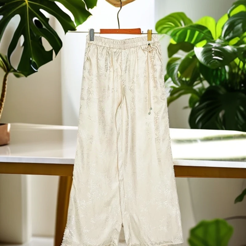 中式风格宽松阔腿裤女高腰直筒休闲裤流苏设计