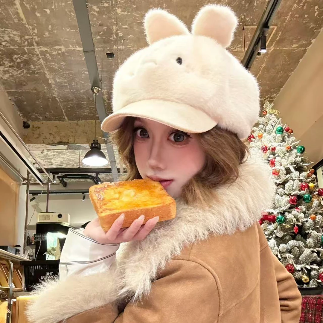 秋冬季萌小兔毛绒棒球帽百搭可爱卡通网红加厚保暖鸭舌帽冬天